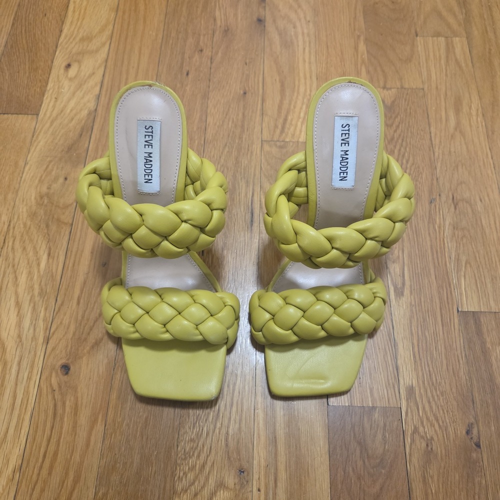 Steve Madden Braided Mule Heels Lime Chartreu Size 9 Square Toe Stiletto Sandals